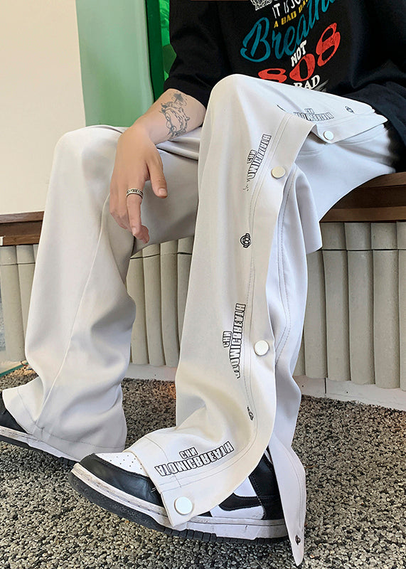 Cool Light Grey Pockets Side Open Cotton Pants Clothing Summer