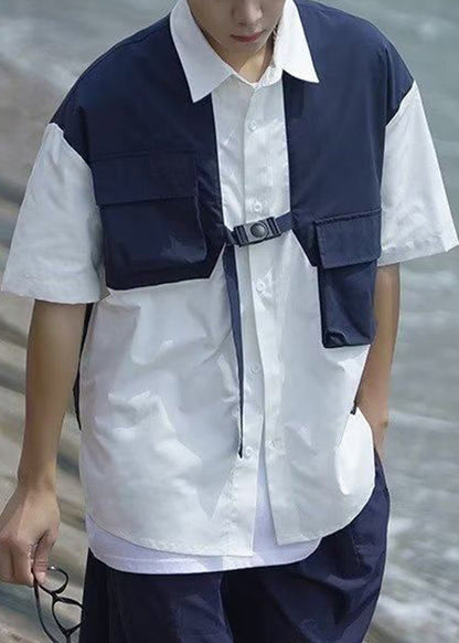 Cool Navy Button False Two Pieces Patchwork Cotton Shirts Summer