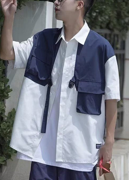 Cool Navy Button False Two Pieces Patchwork Cotton Shirts Summer