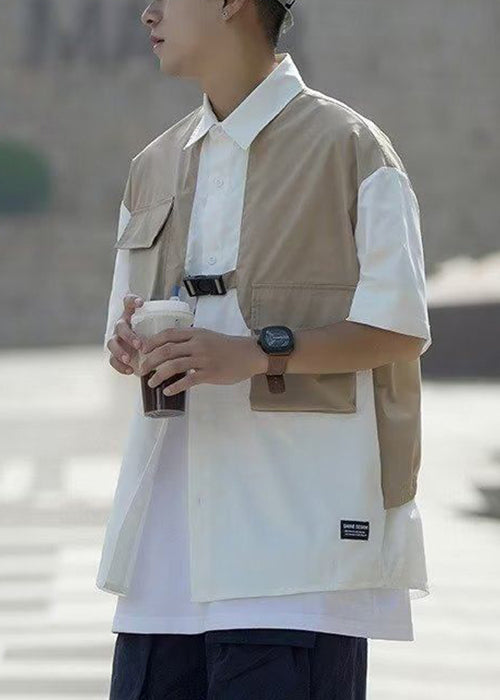 Cool Navy Button False Two Pieces Patchwork Cotton Shirts Summer