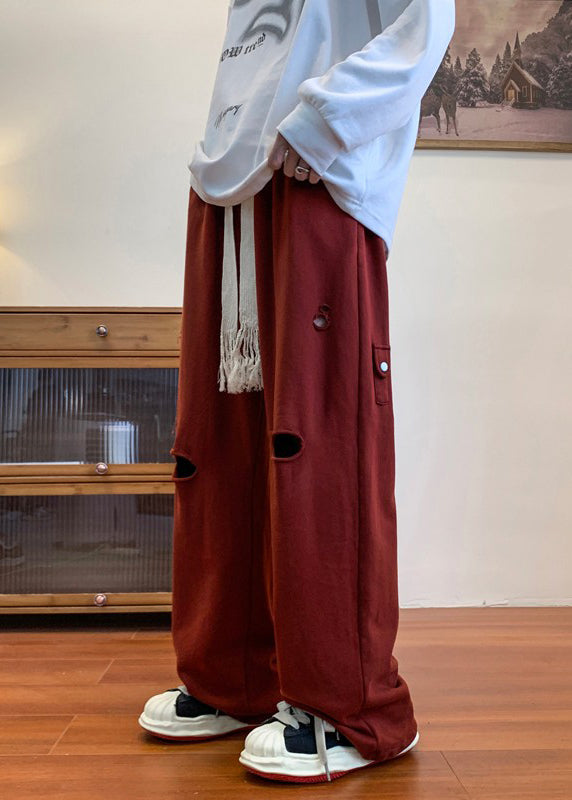Cool Red Oversized Hollow Out Ripped Pants Long Spring
