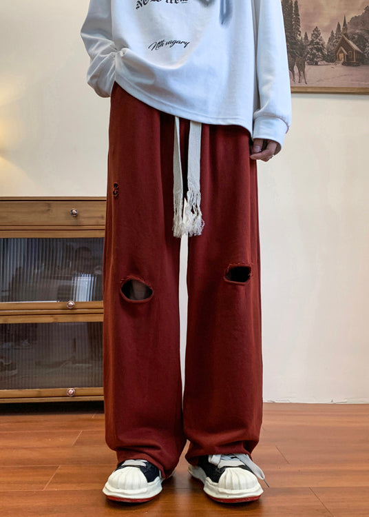 Cool Red Oversized Hollow Out Ripped Pants Long Spring