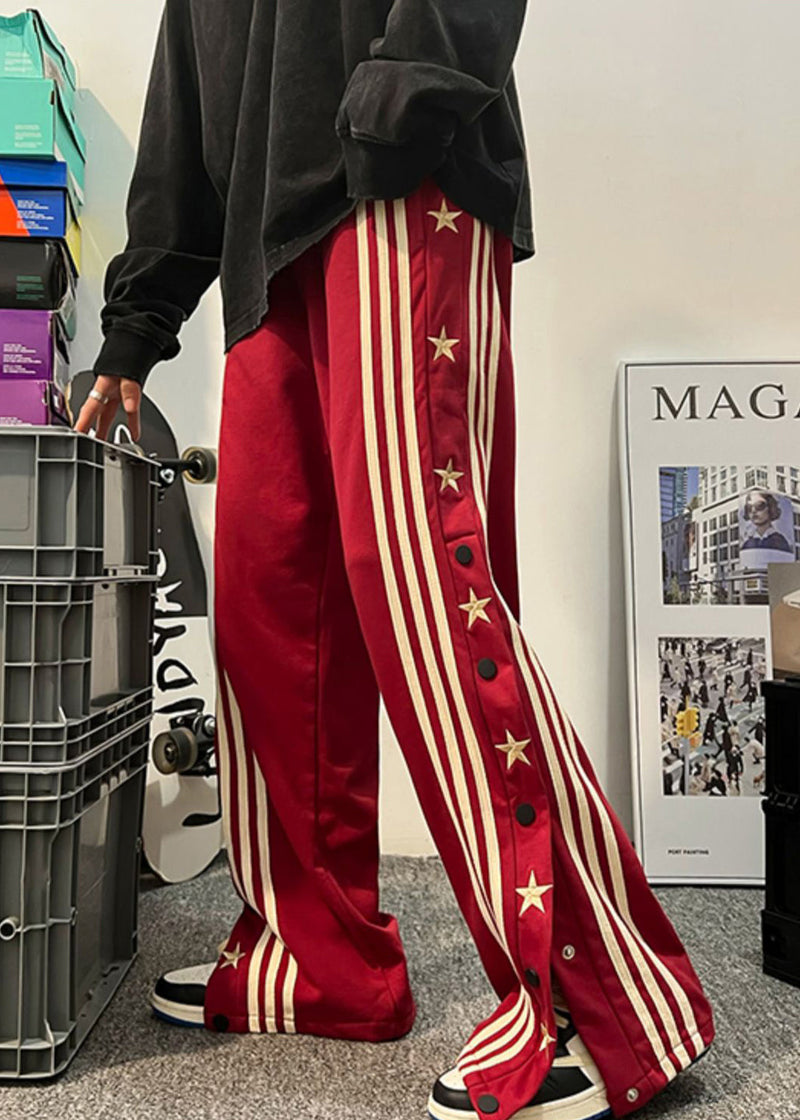 Cool Red Pockets Striped Side Open Cotton Pants Summer