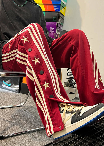 Cool Red Pockets Striped Side Open Cotton Pants Summer
