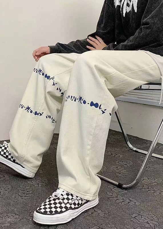 Cool White Oversized Print Denim Pants Bottoms Spring