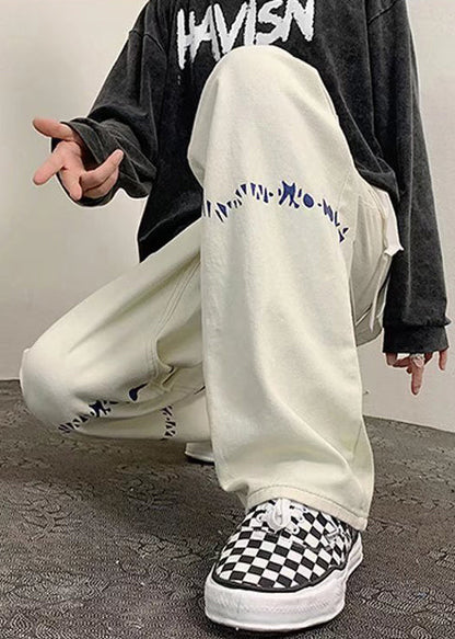 Cool White Oversized Print Denim Pants Bottoms Spring