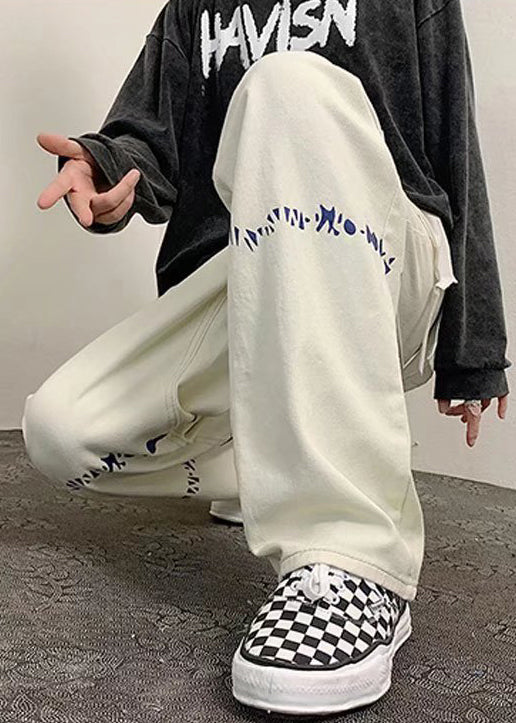 Cool White Oversized Print Denim Pants Bottoms Spring