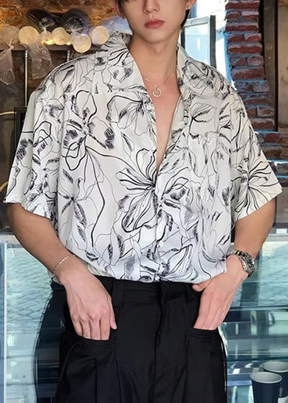 Cool White Peter Pan Collar Print Hawaiian Shirts Summer