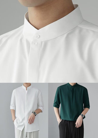 Cool White Stand Collar Ice Silk Shirts Half Sleeve