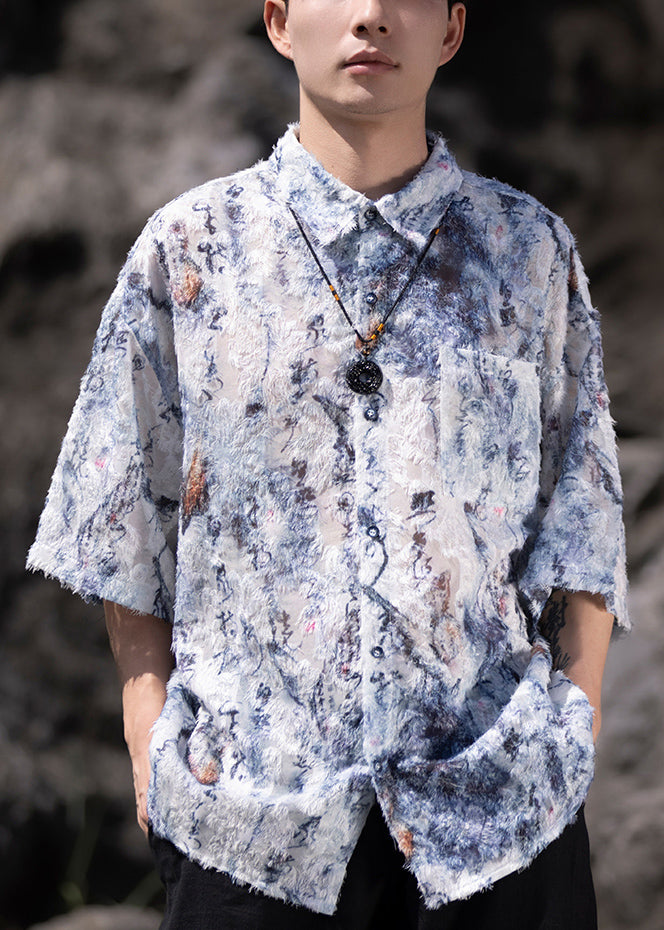 Cool Yellow Peter Pan Collar Print Cotton Shirts Summer