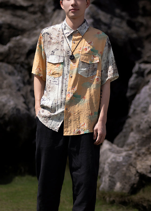 Cool Yellow Peter Pan Collar Print Cotton Shirts Summer