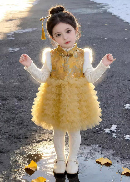 Cool Yellow Stand Collar Tulle Patchwork Kids Long Dress and Sweaters Two Piece Set Fall