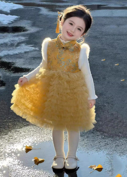 Cool Yellow Stand Collar Tulle Patchwork Kids Long Dress and Sweaters Two Piece Set Fall