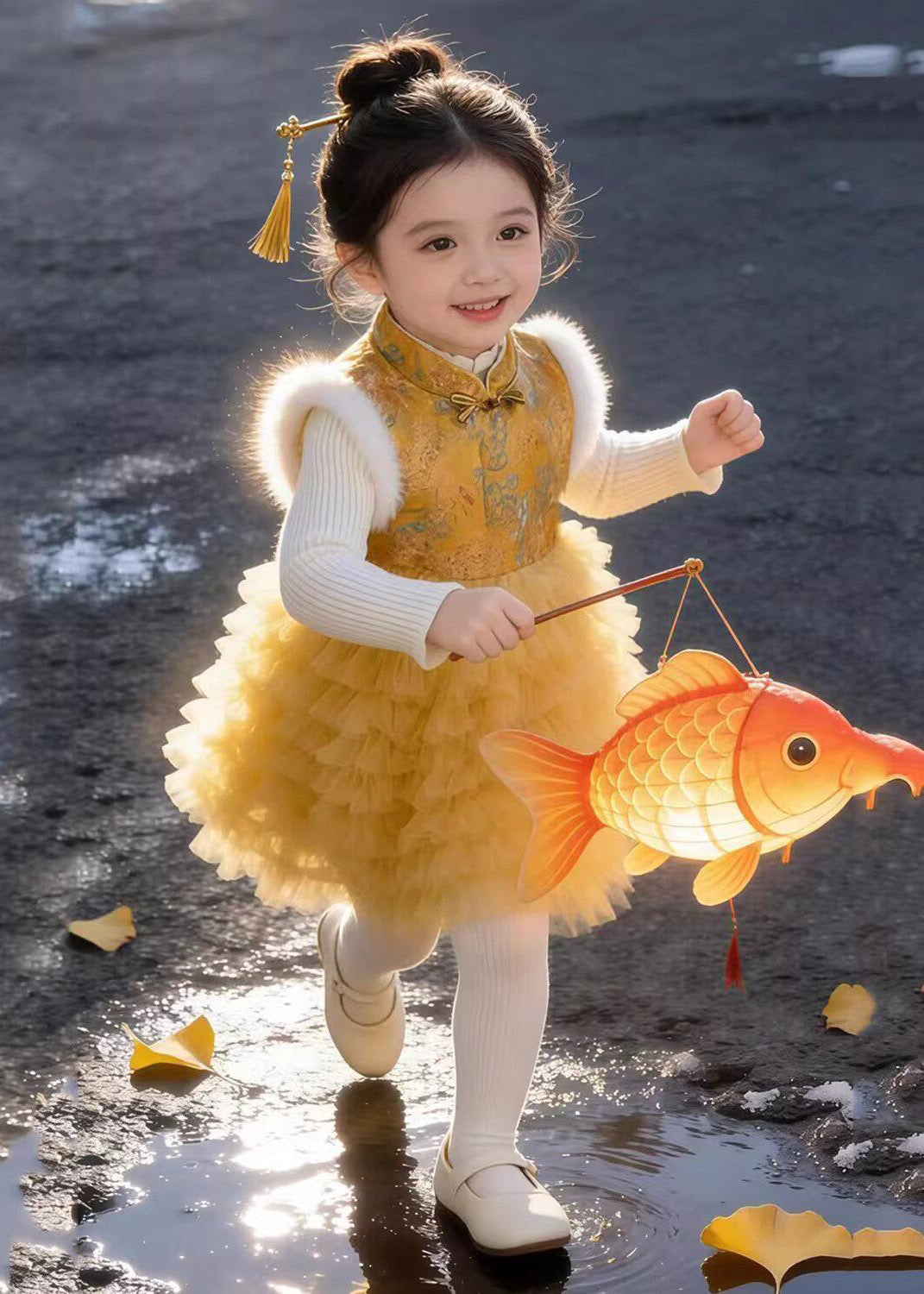 Cool Yellow Stand Collar Tulle Patchwork Kids Long Dress and Sweaters Two Piece Set Fall
