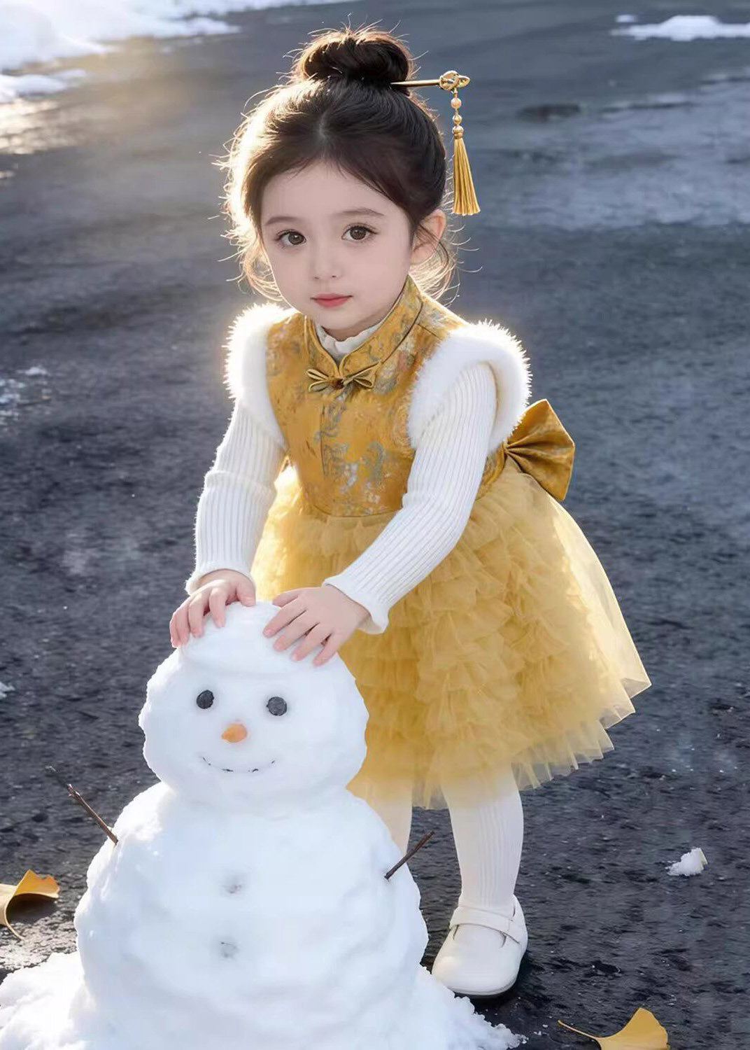 Cool Yellow Stand Collar Tulle Patchwork Kids Long Dress and Sweaters Two Piece Set Fall
