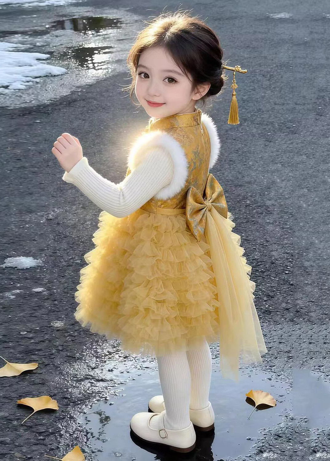 Cool Yellow Stand Collar Tulle Patchwork Kids Long Dress and Sweaters Two Piece Set Fall