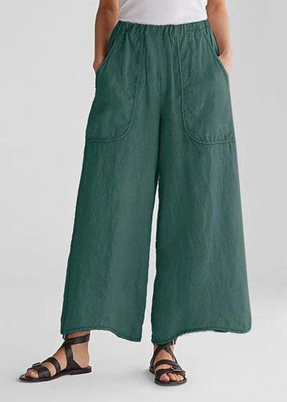 Tea Green-flower Cotton Linen Loose Wide Leg Pants