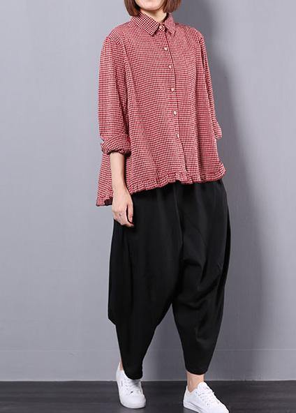 Cotton and Linen Red Plaid Shirt Suit Female Long-sleeved New Large Size Loose Harem Pants Two-piece Suit