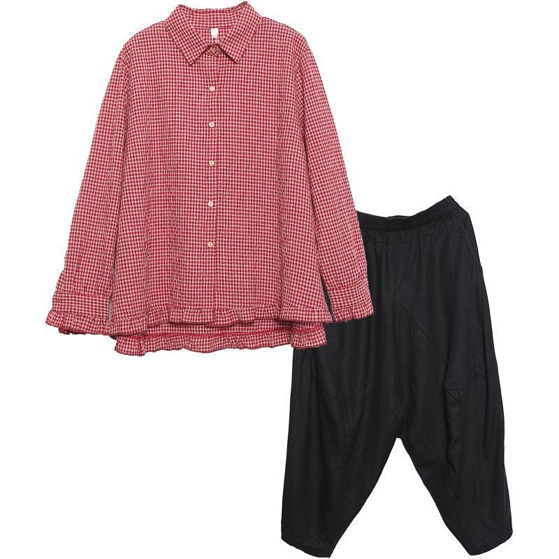 Cotton and Linen Red Plaid Shirt Suit Female Long-sleeved New Large Size Loose Harem Pants Two-piece Suit