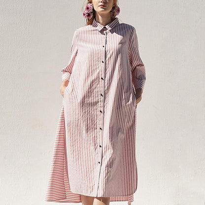 Cotton Blended Clothes Polo Collar Pink Shirt Dress