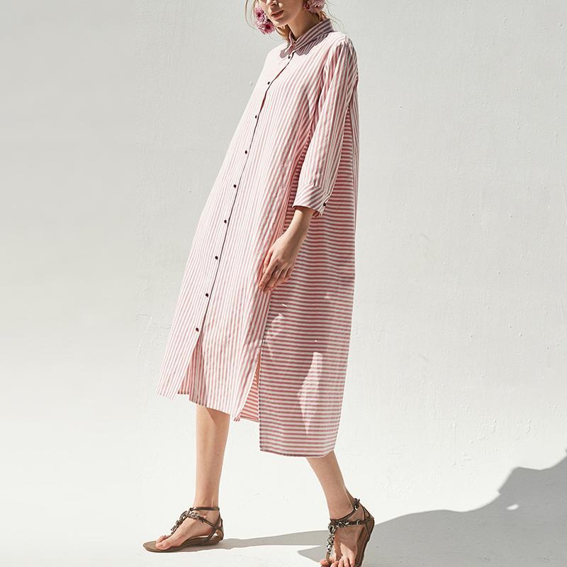 Cotton Blended Clothes Polo Collar Pink Shirt Dress