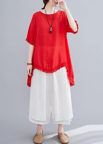 Cotton Linen Red Two-piece Fungus Stitching Round Neck T-shirt Split Seven-point Wide-leg Pants Suit