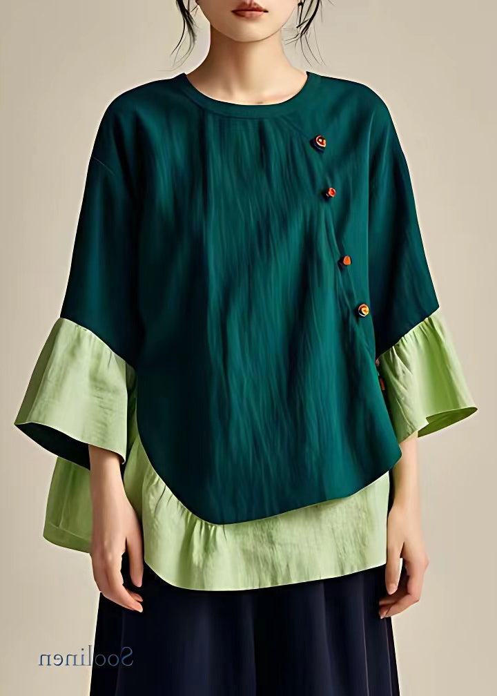 Cozy Green O Neck Button Patchwork Linen Tops Fall