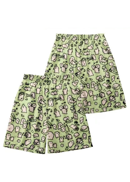 Cozy Pink Print Elastic Waist Cotton Beach Shorts Summer