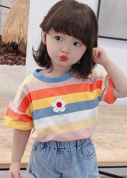 Cozy Rainbow Striped O Neck Cotton T Shirt Summer