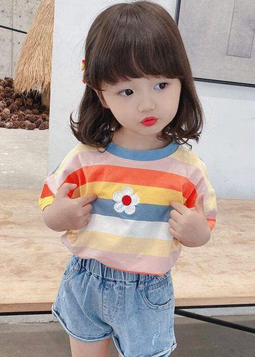 Cozy Rainbow Striped O Neck Cotton T Shirt Summer