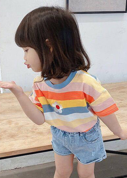 Cozy Rainbow Striped O Neck Cotton T Shirt Summer