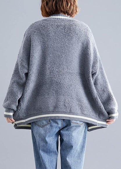 Cozy Big Pockets Gray V Neck Knitwear Clothing Fall Knitted Jackets
