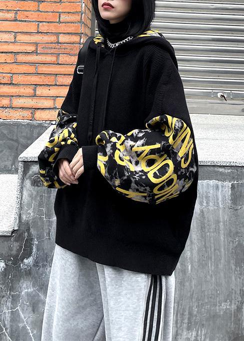 Cozy Black Letter Crane Tops Hooded Fall Knitwear