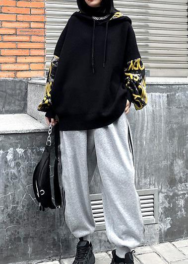 Cozy black Letter crane tops hooded fall fashion knitwear