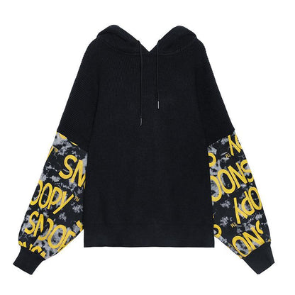Cozy black Letter crane tops hooded fall fashion knitwear
