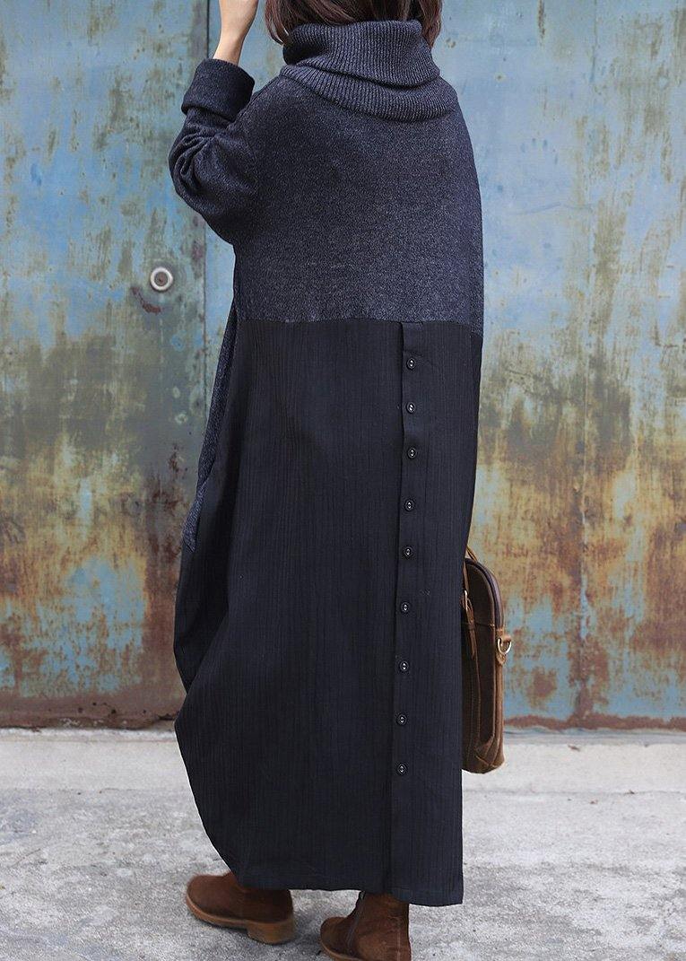 Cozy Black Gray Sweater Dress Outfit Upcycle Patchwork Tejidos High Neck Knitwear