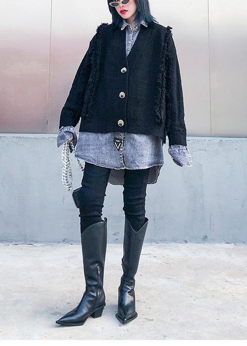 Cozy Black Knit Coats Patchwork False Two Pieces Knit Sweat Tops