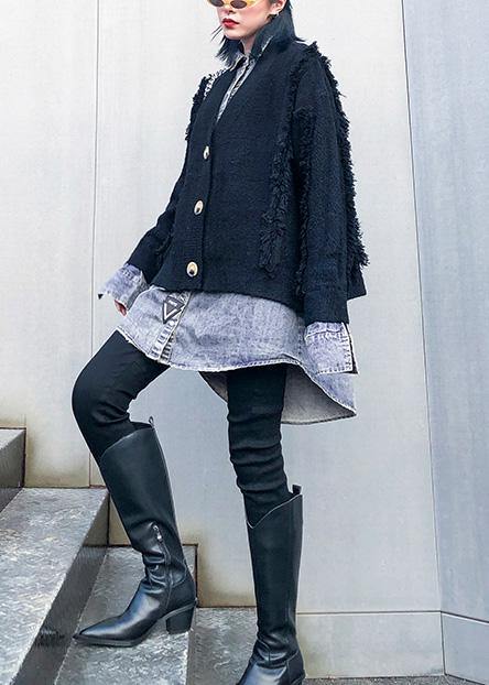 Cozy Black Knit Coats Patchwork False Two Pieces Knit Sweat Tops