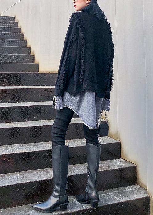 Cozy Black Knit Coats Patchwork False Two Pieces Knit Sweat Tops