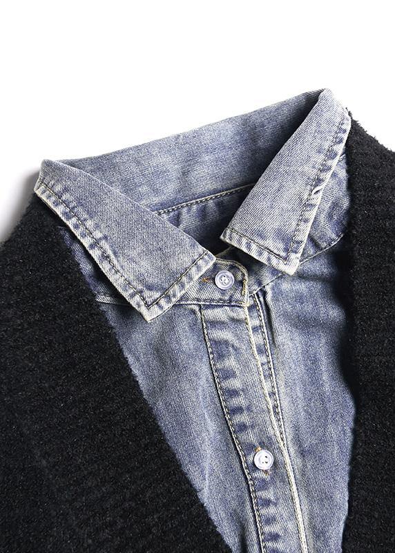 Cozy Black Knit Coats Patchwork False Two Pieces Knit Sweat Tops