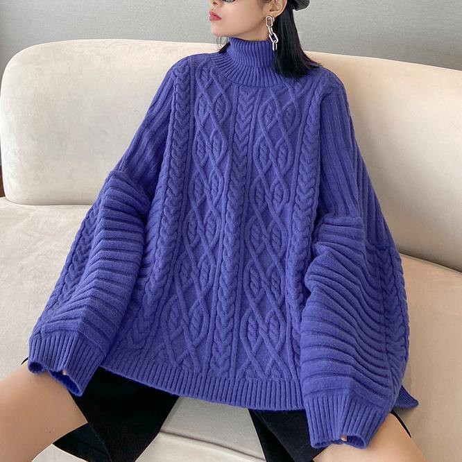 Cozy Blue Sweaters High Neck Side Open Knitted Clothes