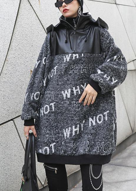 Cozy Gray Letter Knitted T Shirt Patchwork Zippered Knit Tops