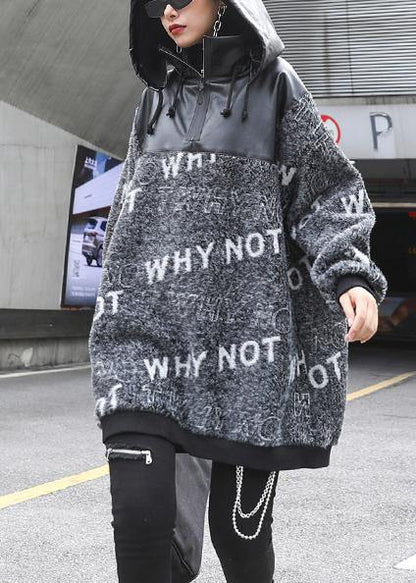 Cozy Gray Letter Knitted T Shirt Patchwork Zippered Knit Tops