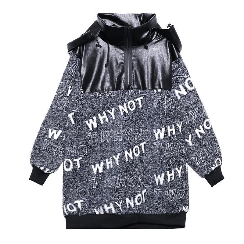 Cozy Gray Letter Knitted T Shirt Patchwork Zippered Knit Tops