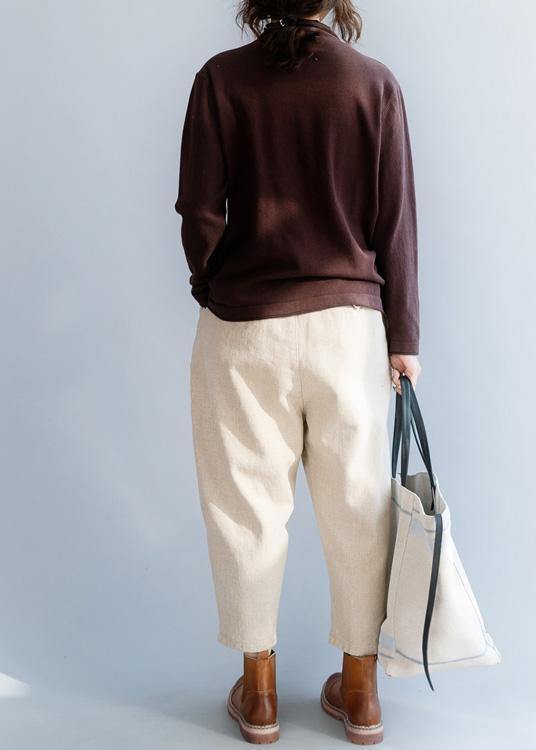 Cozy high neck chocolate knit tops oversize side open collar knit blouse