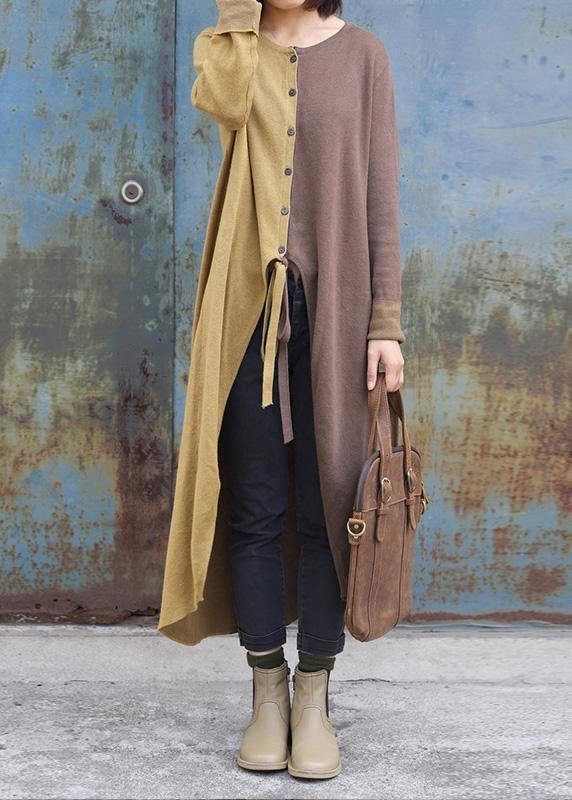 Cozy Khaki Patchwork Yellow Fall O Neck Asymmetric Hem Knit Outwear