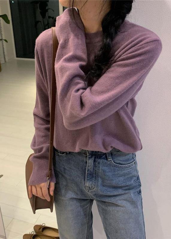 Cozy o neck purple knit tops trendy plus size wild Blouse