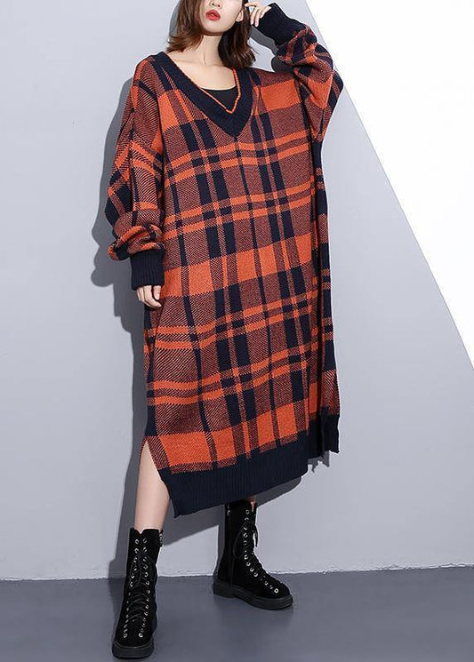 Cozy Orange Plaid Sweater Weather Design V Neck Side Open Art Knit Dresses