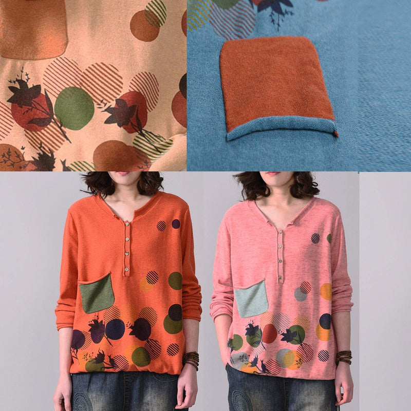 Cozy Pink V Neck Knitted T Shirt Autumn Sweater Prints