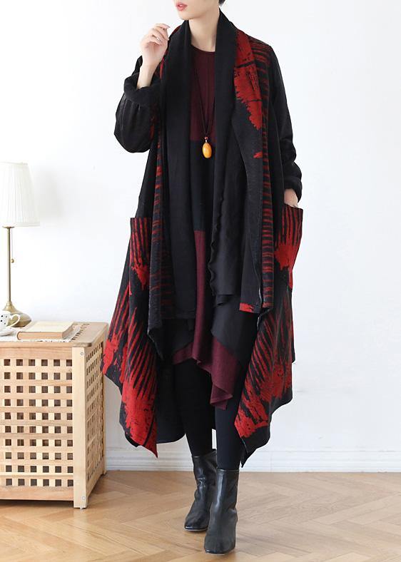 Cozy Red Print Coat Spring Asymmetric Coat